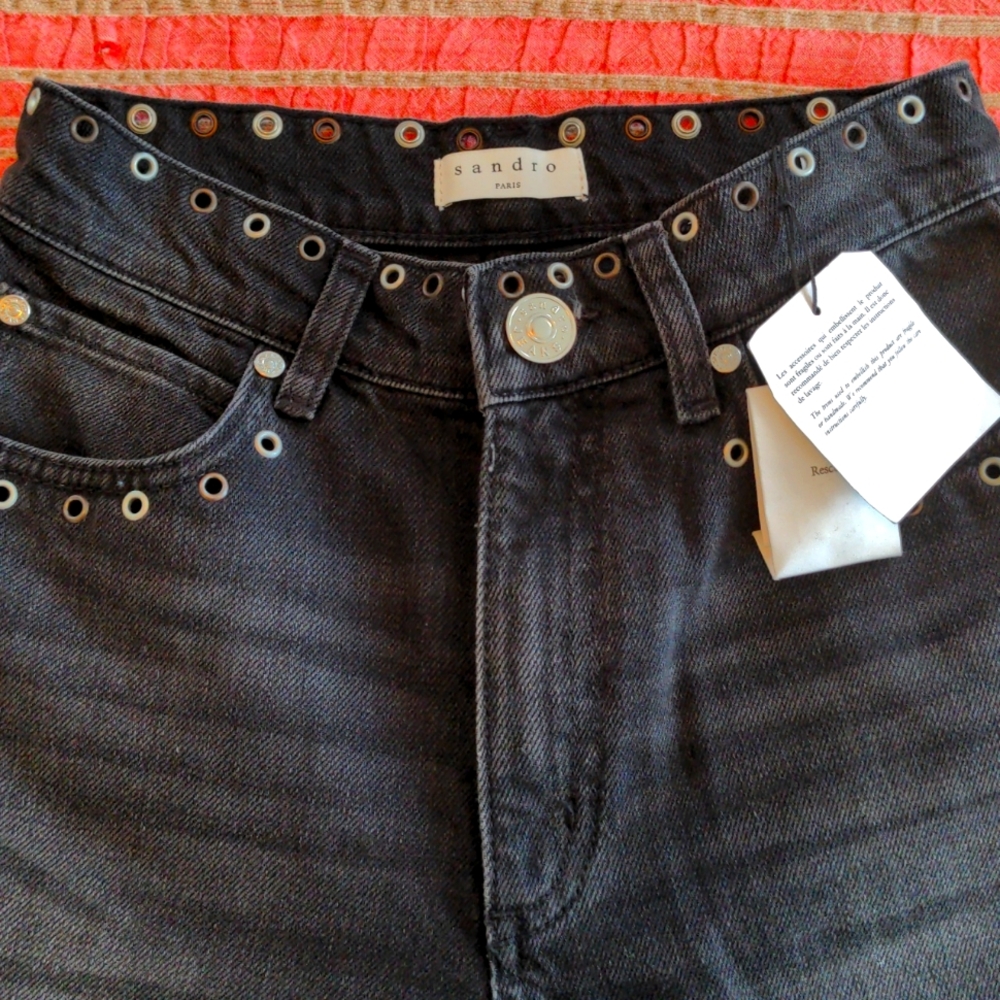 Sandro black high rise straight cut jeans with rivets, new with tags, size 34